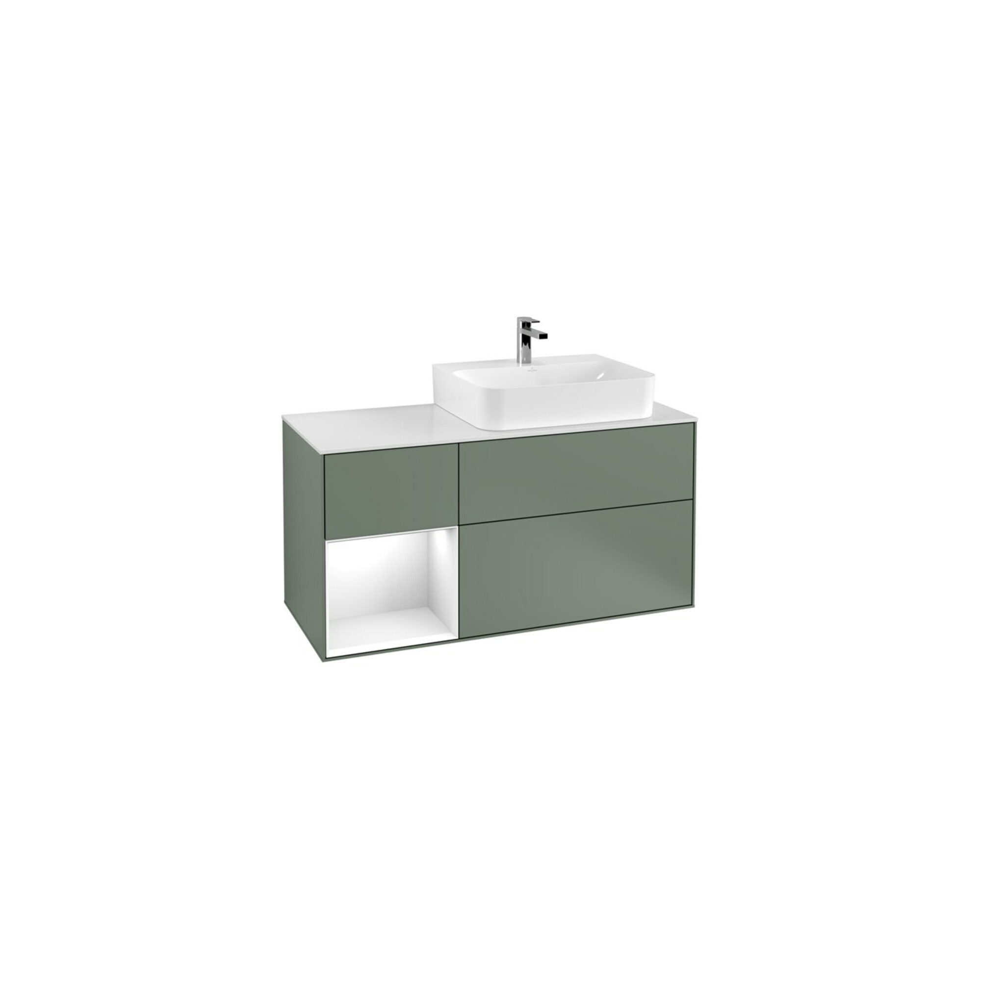 V&B Waschtischunterschrank Abdeckplatte Gl. wh. m Finion 120cm, Reg li glo wh. Lac, Oli. m Lac ; Villeroy & Boch