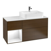 V&B Waschtischunterschrank Abdeckplatte Gl. wh. m Finion 120cm, Reg li glo wh. Lac, Walnut veneer