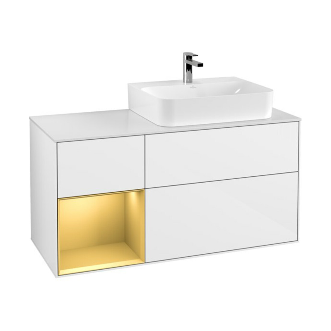 V&B Waschtischunterschrank Abdeckplatte Gl. wh. m Finion 120cm, Reg li gol m, glo white lacquer