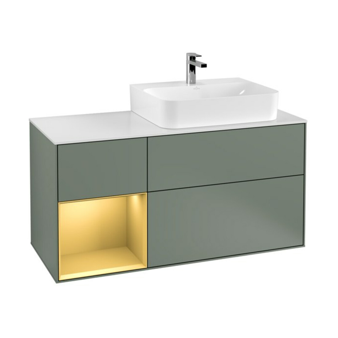 V&B Waschtischunterschrank Abdeckplatte Gl. wh. m Finion 120cm, Reg li gol m, Olive Matt Lacquer