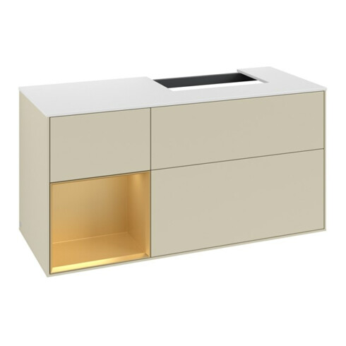 V&B Waschtischunterschrank Abdeckplatte Gl. wh. m Finion 120cm, Reg li gol m, si Gr Matt Lacquer