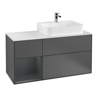 V&B Waschtischunterschrank Abdeckplatte Gl. wh. m Finion 120cm, Reg li md bl. m Lac, Anthrac. m
