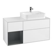 V&B Waschtischunterschrank Abdeckplatte Gl. wh. m Finion 120cm, Reg li md bl. m Lac, glo wh. Lac