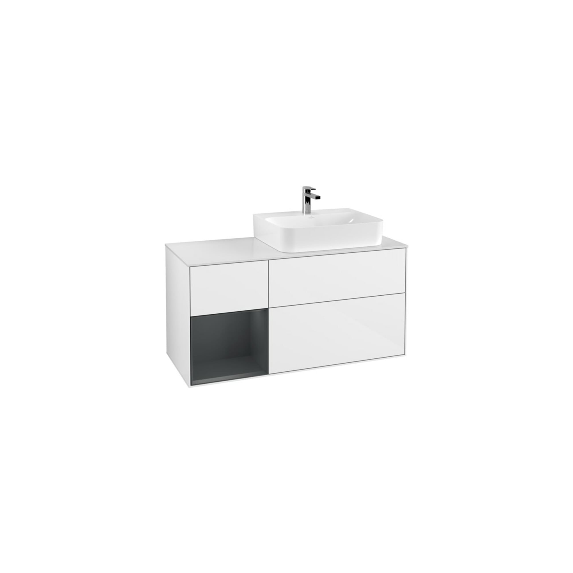 V&B Waschtischunterschrank Abdeckplatte Gl. wh. m Finion 120cm, Reg li md bl. m Lac, glo wh. Lac ; Villeroy & Boch