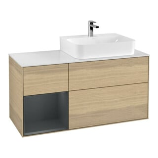 V&B Waschtischunterschrank Abdeckplatte Gl. wh. m Finion 120cm, Reg li md bl. m Lac, Oak Veneer