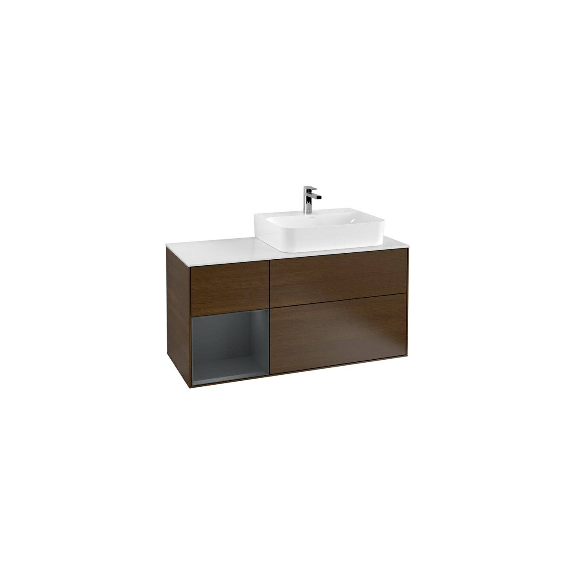 V&B Waschtischunterschrank Abdeckplatte Gl. wh. m Finion 120cm, Reg li md bl. m Lac, wal veneer ; Villeroy & Boch