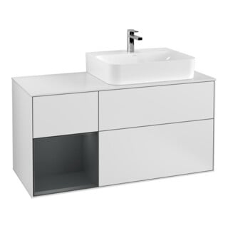 V&B Waschtischunterschrank Abdeckplatte Gl. wh. m Finion 120cm, Reg li md bl. m Lac, wh. m Lac