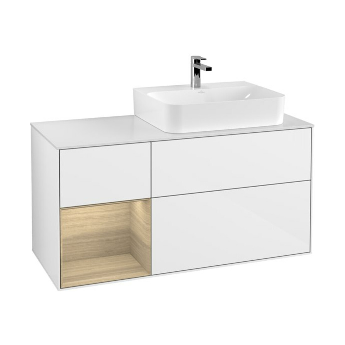 V&B Waschtischunterschrank Abdeckplatte Gl. wh. m Finion 120cm, Reg li Oa ven, glo white lacquer