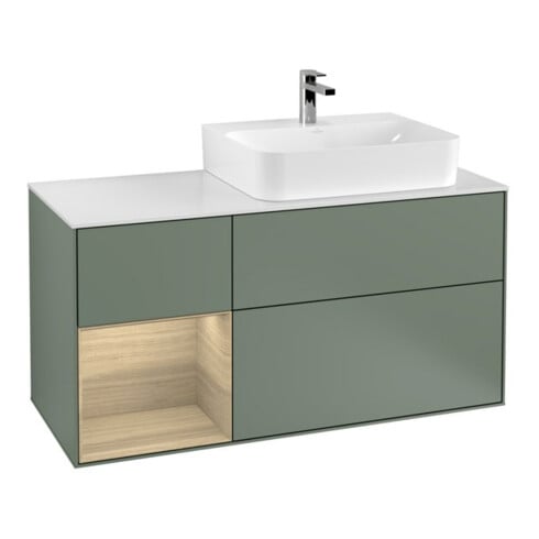V&B Waschtischunterschrank Abdeckplatte Gl. wh. m Finion 120cm, Reg li Oa ven, Olive Matt Lacquer