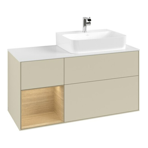V&B Waschtischunterschrank Abdeckplatte Gl. wh. m Finion 120cm, Reg li Oa ven, si Gr Matt Lacquer