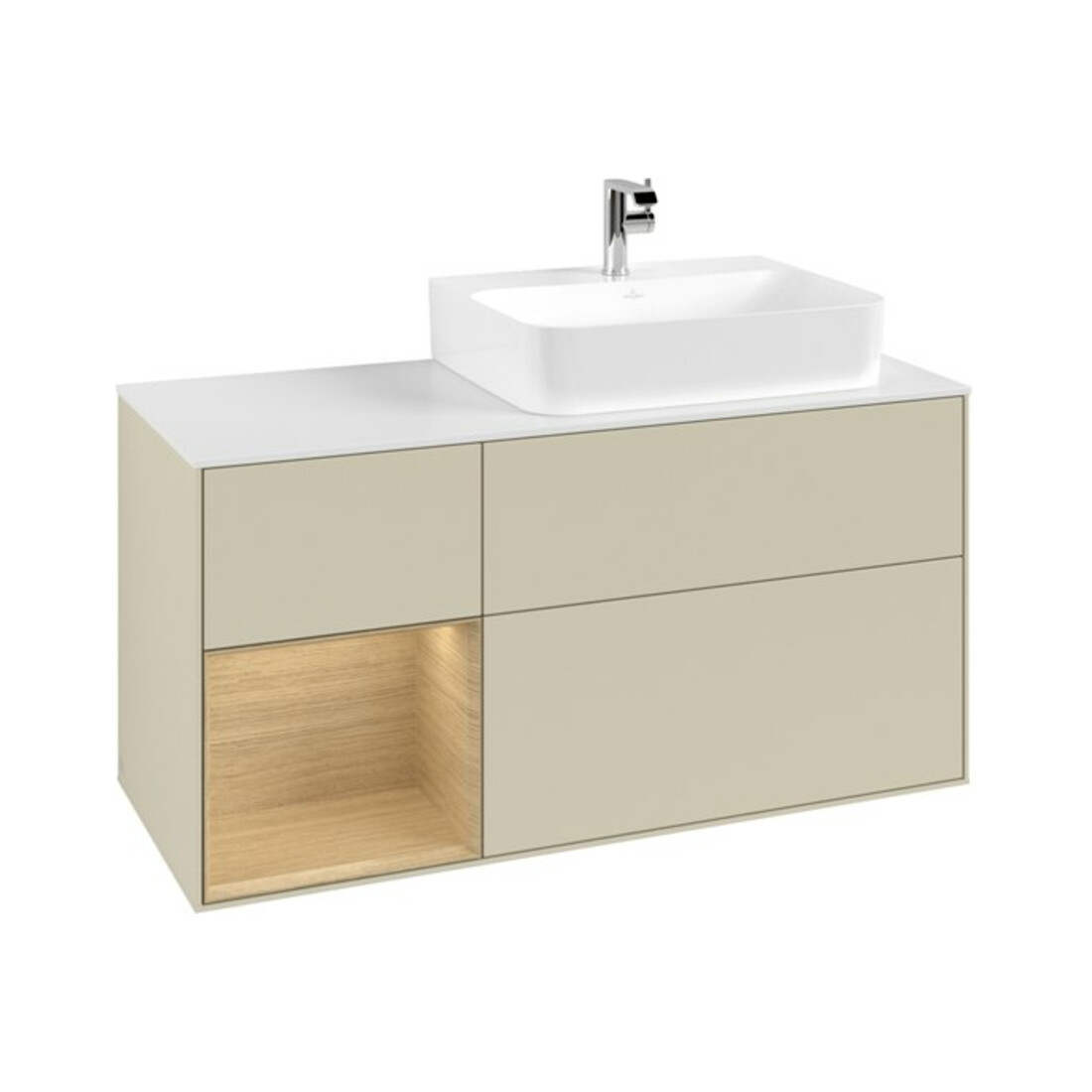 V&B Waschtischunterschrank Abdeckplatte Gl. wh. m Finion 120cm, Reg li Oa ven, si Gr Matt Lacquer