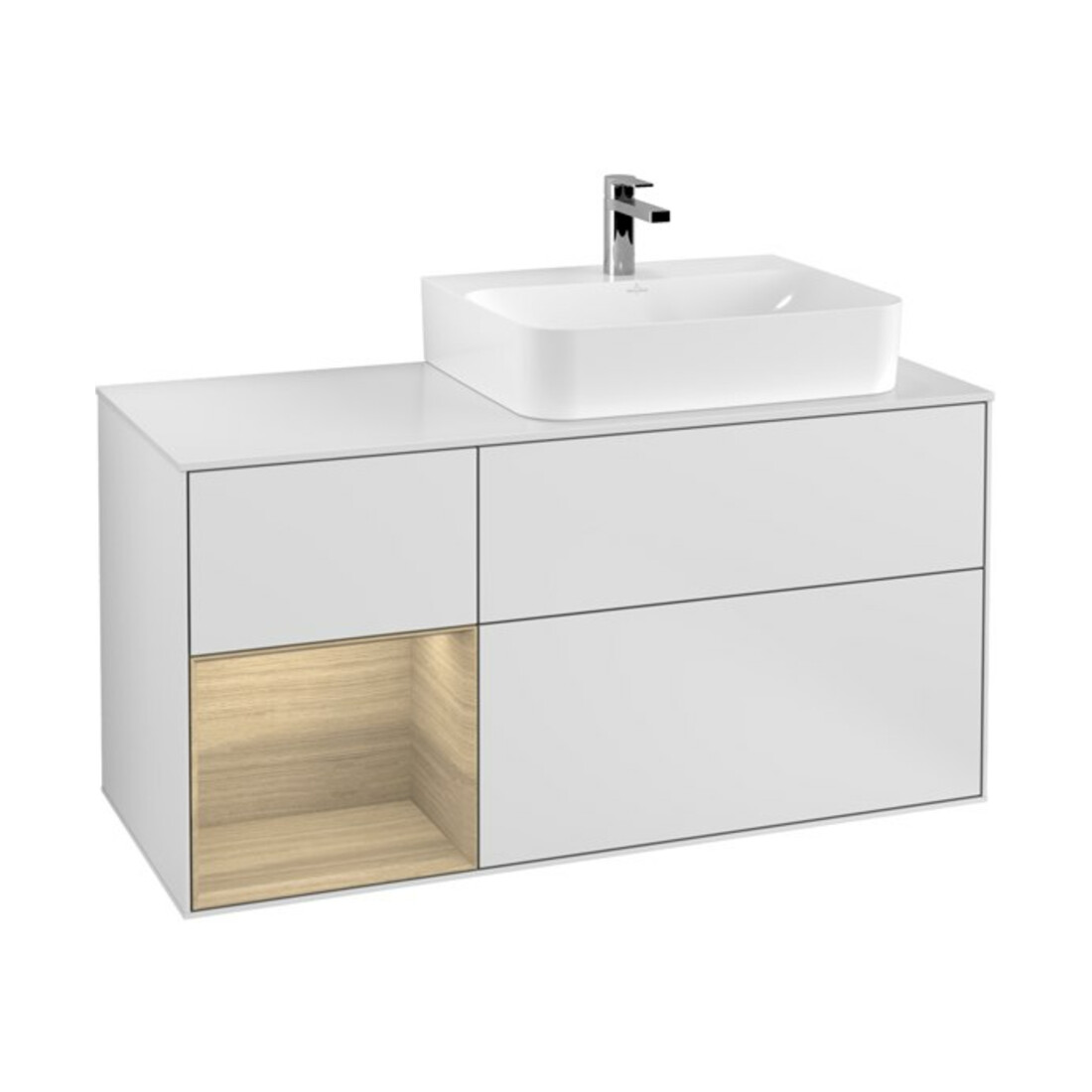 V&B Waschtischunterschrank Abdeckplatte Gl. wh. m Finion 120cm, Reg li Oa ven, White matt lacquer