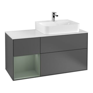 V&B Waschtischunterschrank Abdeckplatte Gl. wh. m Finion 120cm, Reg li Oli. m Lac, Anthrac. matt
