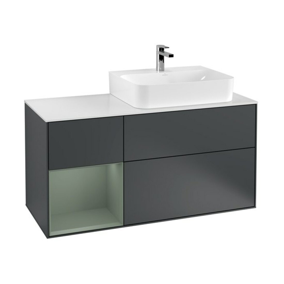 V&B Waschtischunterschrank Abdeckplatte Gl. wh. m Finion 120cm, Reg li Oli. m Lac, md bl. m Lac