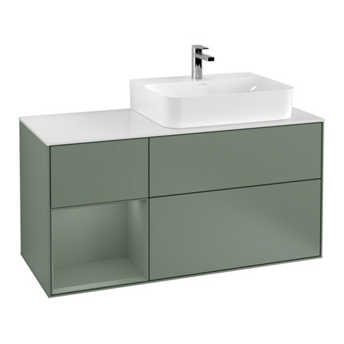 V&B Waschtischunterschrank Abdeckplatte Gl. wh. m Finion 120cm, Reg li Oli. m Lac, Oli. m Lacquer