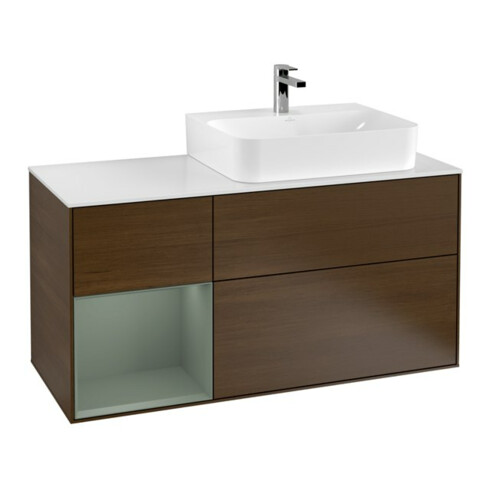 V&B Waschtischunterschrank Abdeckplatte Gl. wh. m Finion 120cm, Reg li Oli. m Lac, Walnut veneer