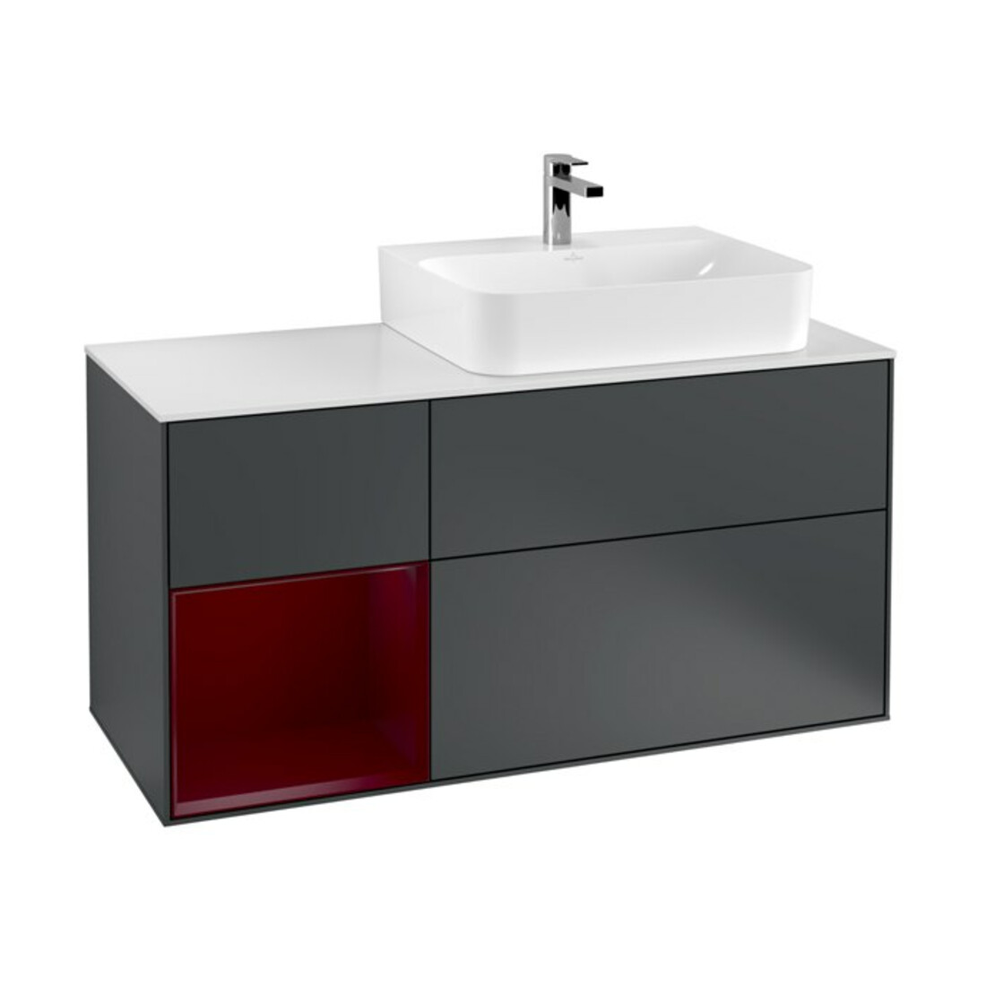 V&B Waschtischunterschrank Abdeckplatte Gl. wh. m Finion 120cm, Reg li Peo, md Blue Matt Lacquer
