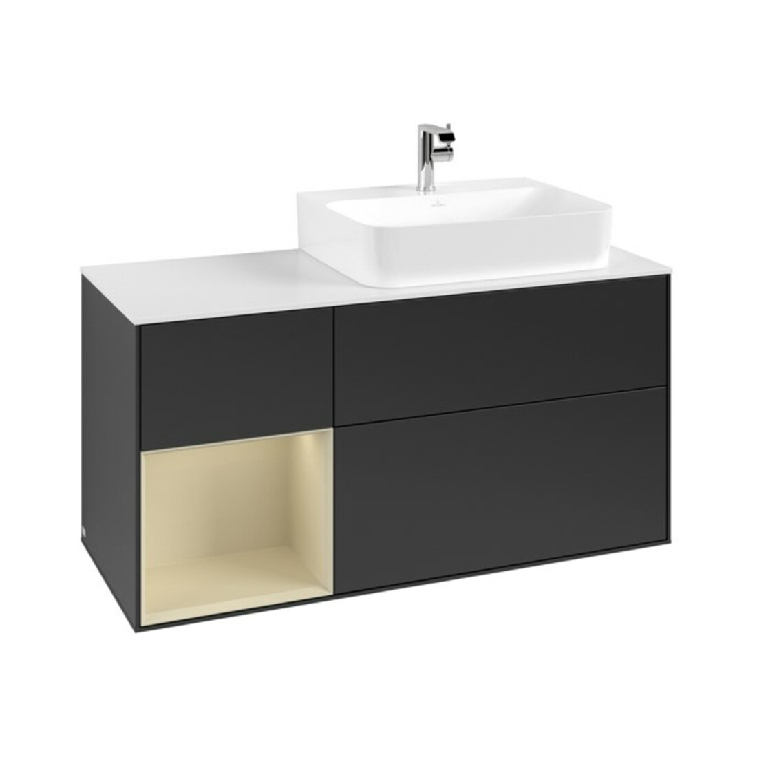 V&B Waschtischunterschrank Abdeckplatte Gl. wh. m Finion 120cm, Reg li si Gr m Lac, bla m lacquer