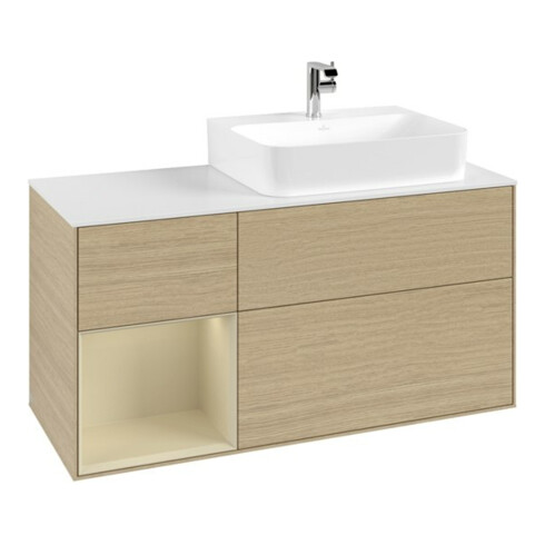 V&B Waschtischunterschrank Abdeckplatte Gl. wh. m Finion 120cm, Reg li si Gr m Lac, Oak Veneer