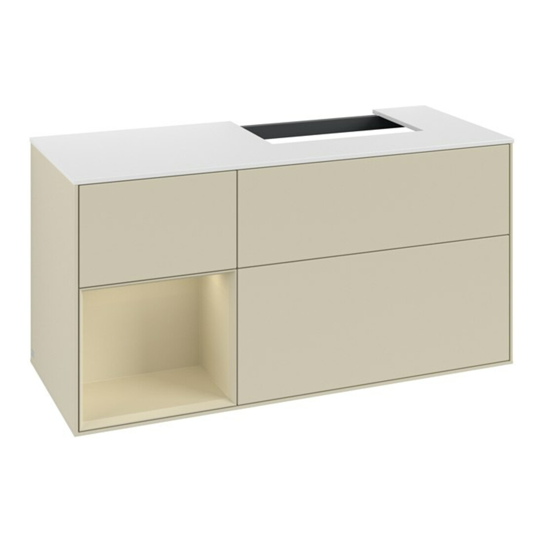 V&B Waschtischunterschrank Abdeckplatte Gl. wh. m Finion 120cm, Reg li si Gr m Lac, si Gr m Lac
