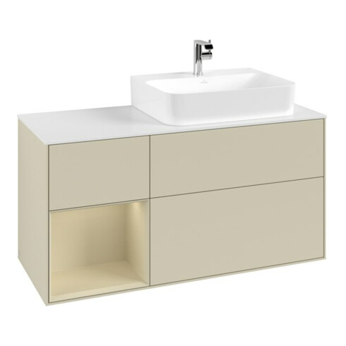 V&B Waschtischunterschrank Abdeckplatte Gl. wh. m Finion 120cm, Reg li si Gr m Lac, si Gr m Lac