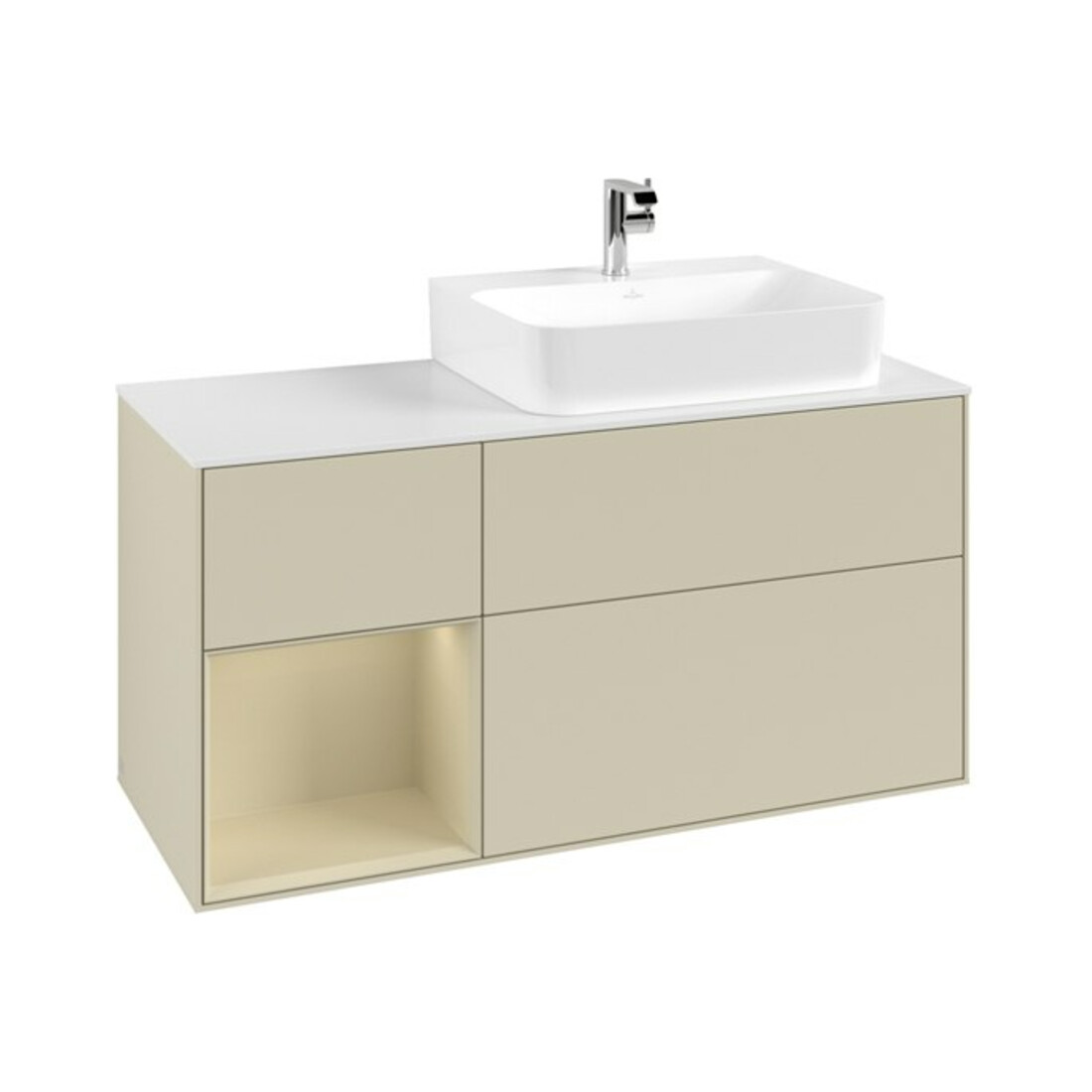 V&B Waschtischunterschrank Abdeckplatte Gl. wh. m Finion 120cm, Reg li si Gr m Lac, si Gr m Lac