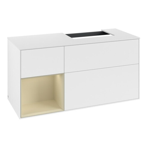 V&B Waschtischunterschrank Abdeckplatte Gl. wh. m Finion 120cm, Reg li si Gr m Lac, wh. m lacquer