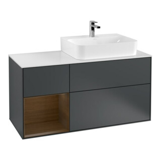 V&B Waschtischunterschrank Abdeckplatte Gl. wh. m Finion 120cm, Reg li wal ven, md bl. m Lacquer