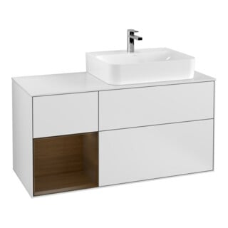V&B Waschtischunterschrank Abdeckplatte Gl. wh. m Finion 120cm, Reg li wal ven, wh. matt lacquer