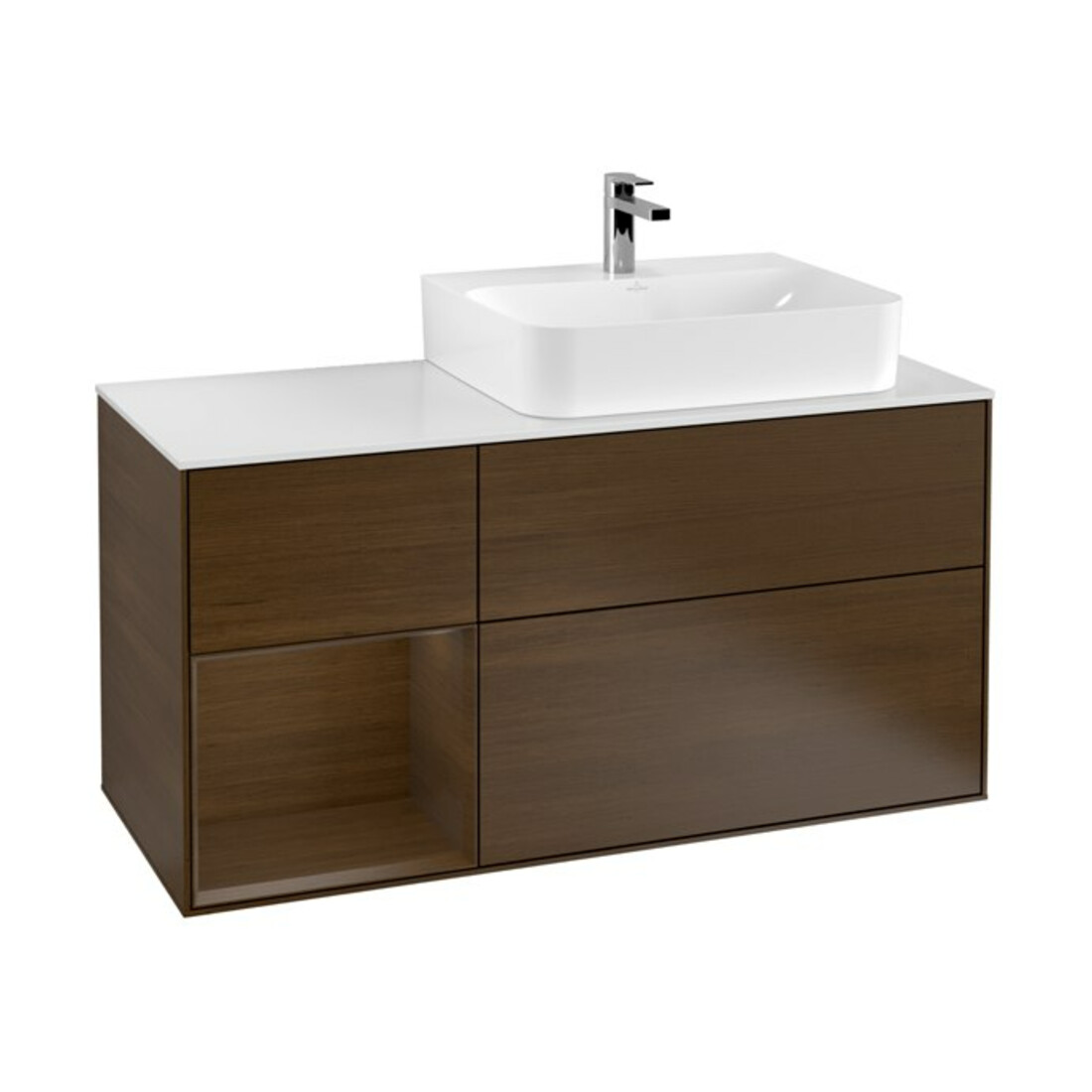 V&B Waschtischunterschrank Abdeckplatte Gl. wh. m Finion 120cm, Reg li wal veneer, Walnut veneer