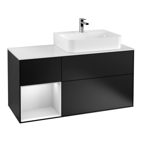 V&B Waschtischunterschrank Abdeckplatte Gl. wh. m Finion 120cm, Reg li wh. m Lac, bla m lacquer