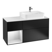 V&B Waschtischunterschrank Abdeckplatte Gl. wh. m Finion 120cm, Reg li wh. m Lac, bla m lacquer