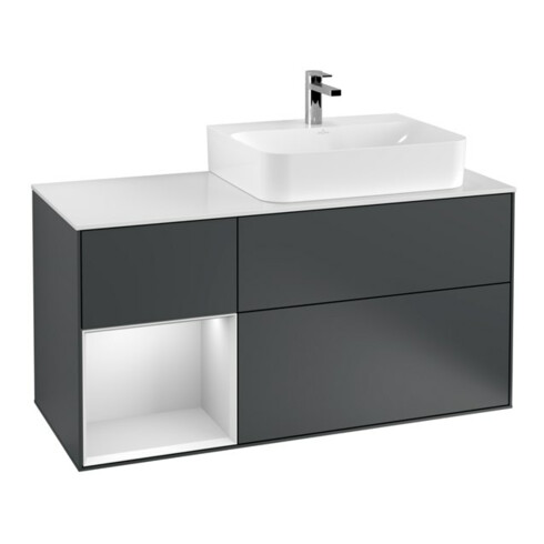 V&B Waschtischunterschrank Abdeckplatte Gl. wh. m Finion 120cm, Reg li wh. m Lac, md bl. m Lac