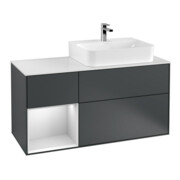 V&B Waschtischunterschrank Abdeckplatte Gl. wh. m Finion 120cm, Reg li wh. m Lac, md bl. m Lac