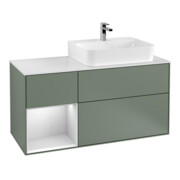 V&B Waschtischunterschrank Abdeckplatte Gl. wh. m Finion 120cm, Reg li wh. m Lac, Oli. m Lacquer
