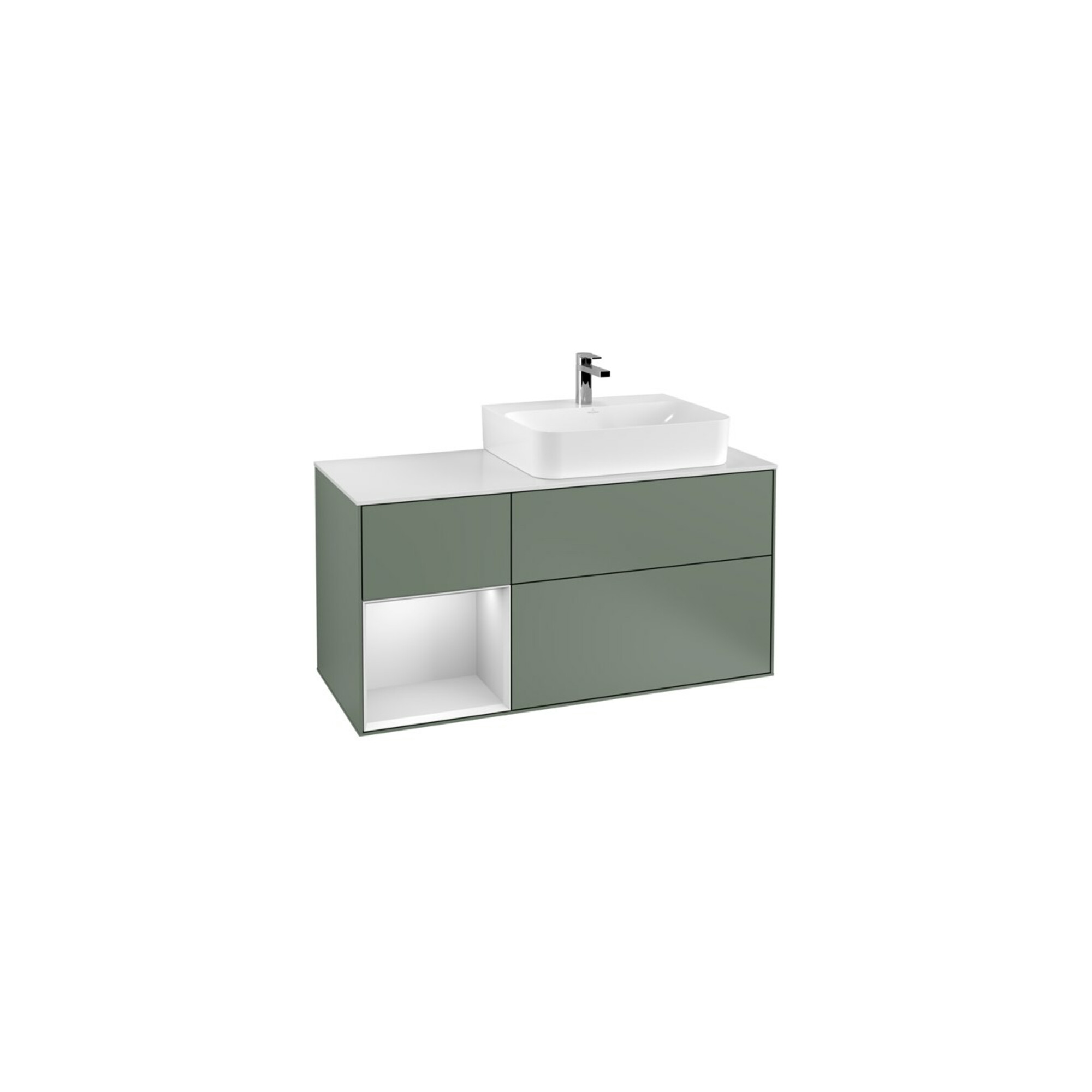 V&B Waschtischunterschrank Abdeckplatte Gl. wh. m Finion 120cm, Reg li wh. m Lac, Oli. m Lacquer ; Villeroy & Boch