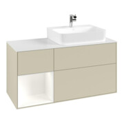 V&B Waschtischunterschrank Abdeckplatte Gl. wh. m Finion 120cm, Reg li wh. m Lac, si Gr m Lacquer