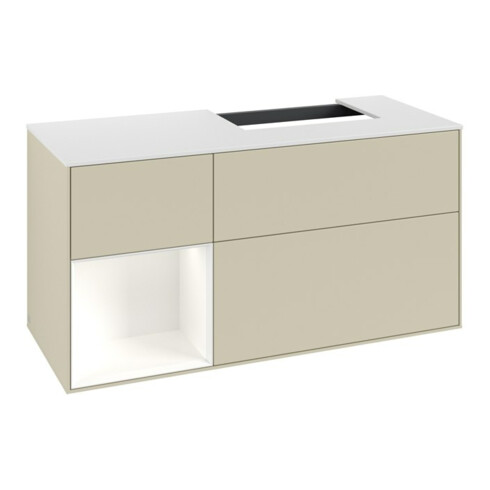 V&B Waschtischunterschrank Abdeckplatte Gl. wh. m Finion 120cm, Reg li wh. m Lac, si Gr m Lacquer