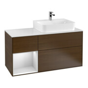 V&B Waschtischunterschrank Abdeckplatte Gl. wh. m Finion 120cm, Reg li wh. m Lac, Walnut veneer