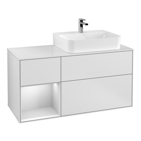 V&B Waschtischunterschrank Abdeckplatte Gl. wh. m Finion 120cm, Reg li wh. m Lac, wh. m lacquer