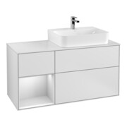 V&B Waschtischunterschrank Abdeckplatte Gl. wh. m Finion 120cm, Reg li wh. m Lac, wh. m lacquer
