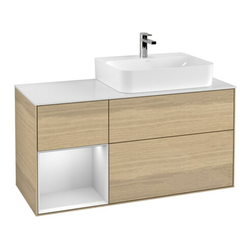 V&B Waschtischunterschrank Abdeckplatte Gl. wh. m Finion 120cm, Reg li wh. m lacquer, Oak Veneer