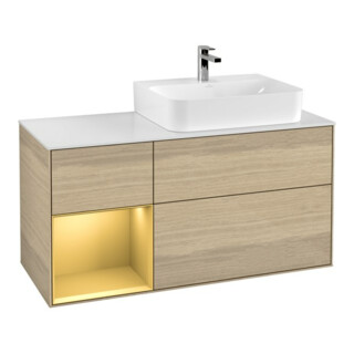 V&B Waschtischunterschrank Abdeckplatte Gl. wh. m Finion 120cm, Regal links Gold matt, Oak Veneer