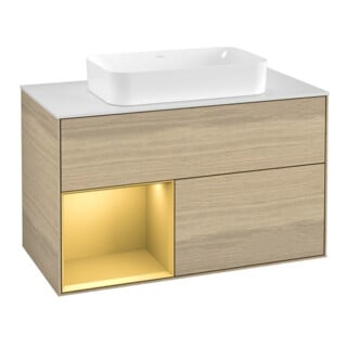 V&B Waschtischunterschrank Abdeckplatte wh. m Finion 100x60,3cm, Reg li Gold matt, Oak Veneer