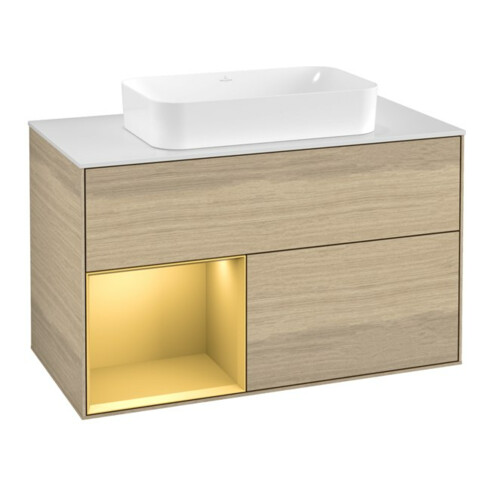 V&B Waschtischunterschrank Abdeckplatte wh. m Finion 100x60,3cm, Reg li Gold matt, Oak Veneer
