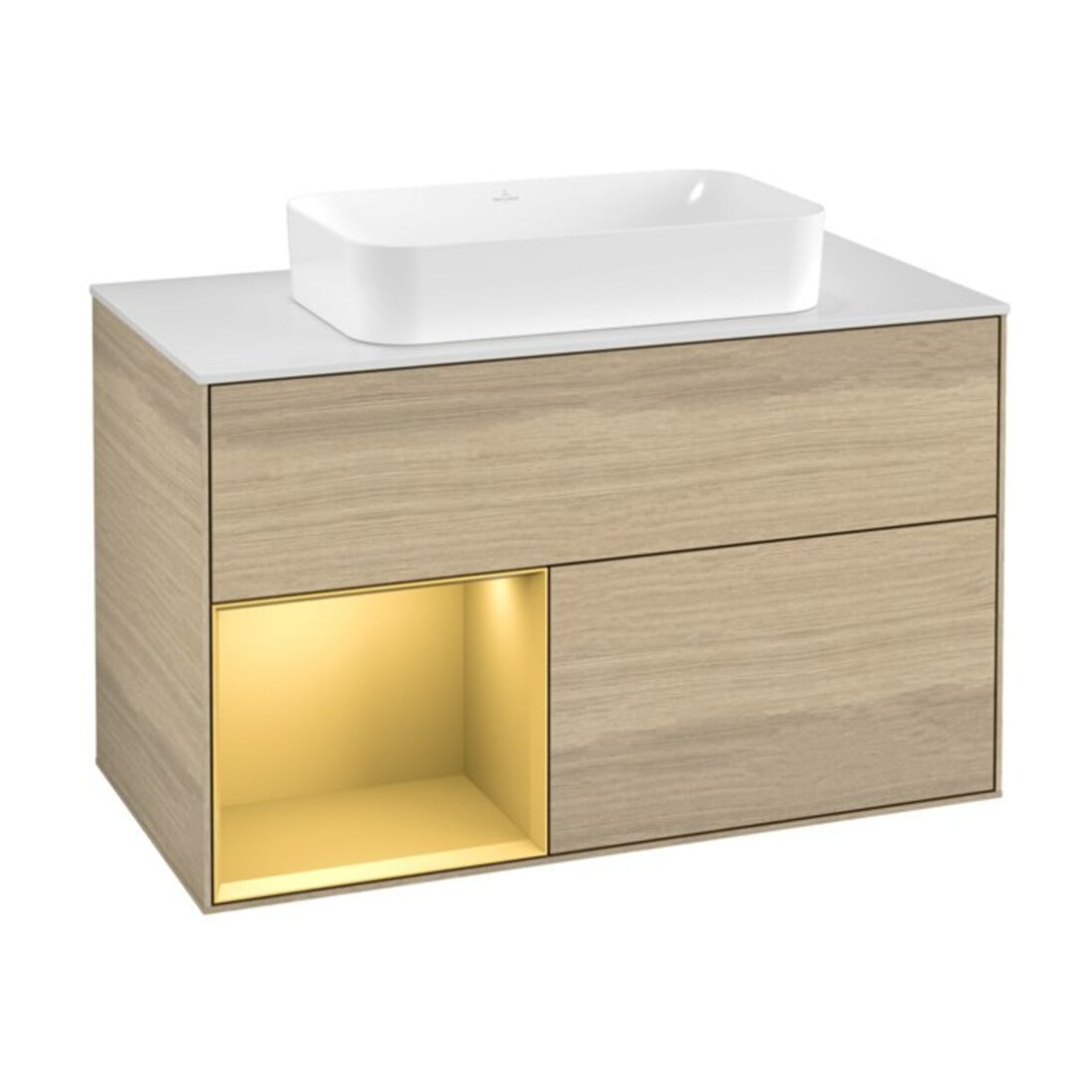 V&B Waschtischunterschrank Abdeckplatte wh. m Finion 100x60,3cm, Reg li Gold matt, Oak Veneer