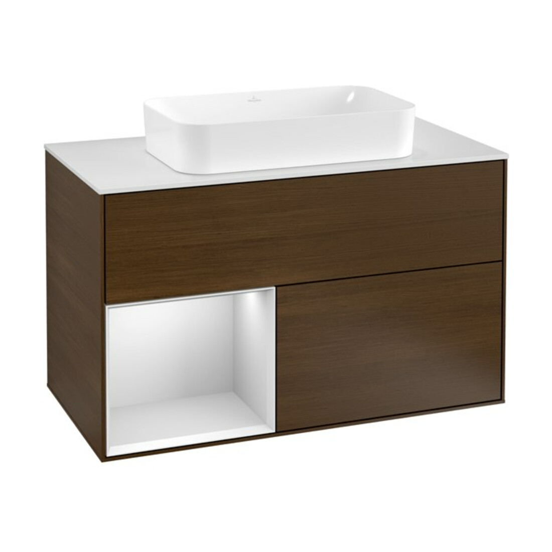 V&B Waschtischunterschrank Abdeckplatte wh. m Finion 100x60,3cm, Reg li wh. m Lac, wal veneer