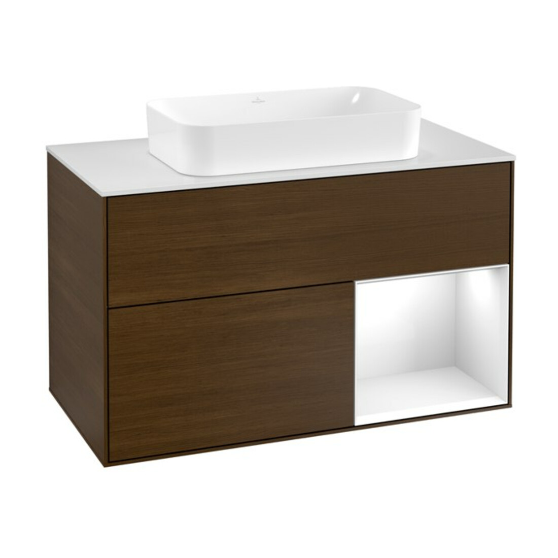 V&B Waschtischunterschrank Abdeckplatte wh. m Finion 100x60,3cm, Reg re glo wh. Lac, wal ven