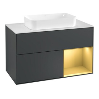 V&B Waschtischunterschrank Abdeckplatte wh. m Finion 100x60,3cm, Reg re gol m, md bl. m Lac