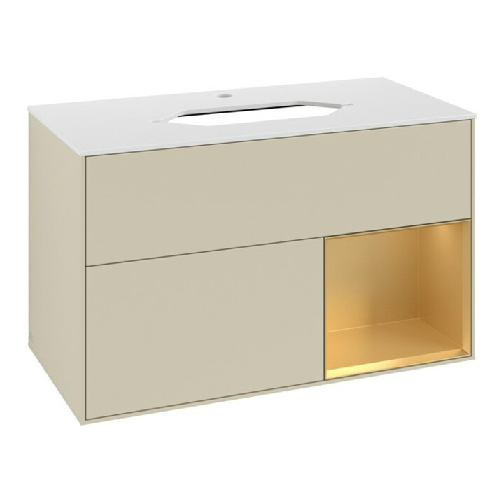 V&B Waschtischunterschrank Abdeckplatte wh. m Finion 100x60,3cm, Reg re gol m, si Gr m Lac